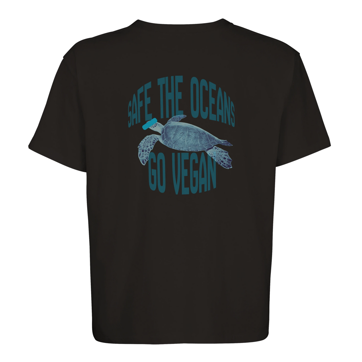 schwarzes, oversized T-Shirt mit einer blauen Meeresschildkröte und dem Aufdruck: "Safe the oceans, go vegan."