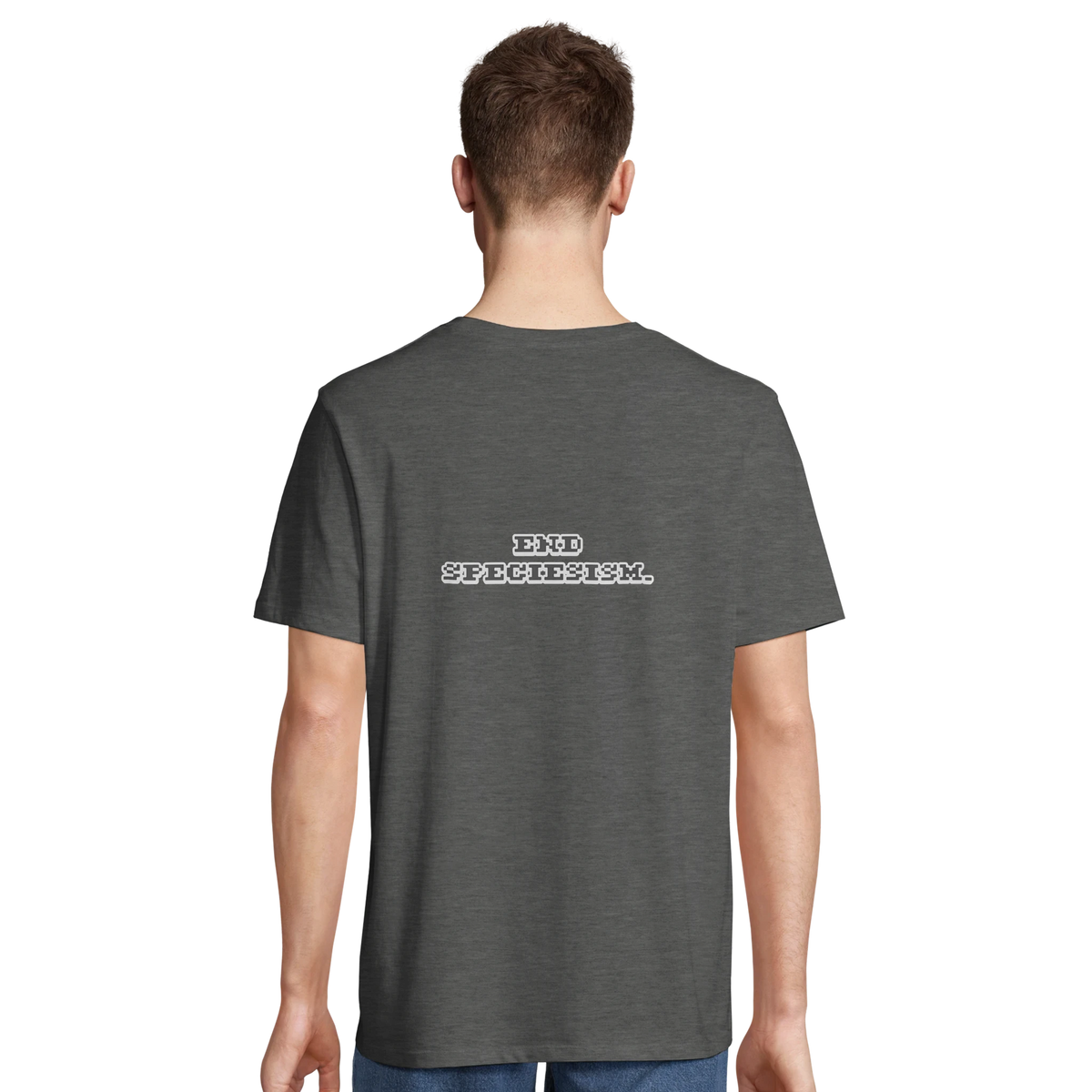 Person mit grauem T-Shirt mit dem Rückenaufdruck: "END SPECIESISM."