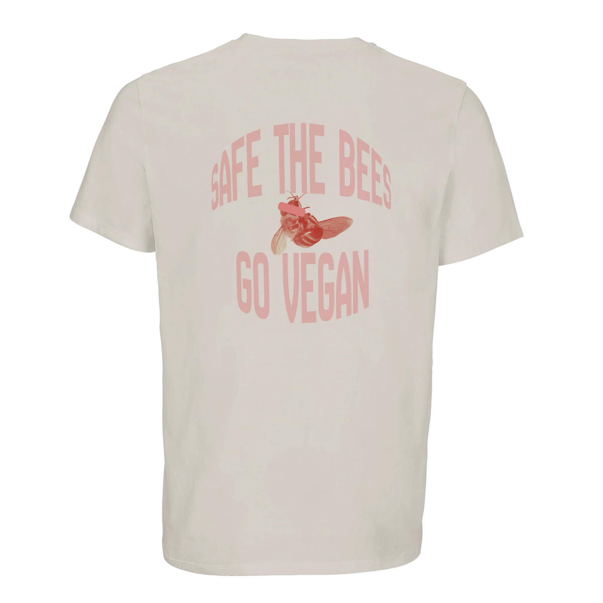 T-Shirt, Farbe Off White mit Druck auf der Rückseite: "Safe the bees, go vegan." und einem Bild von einer toten Biene