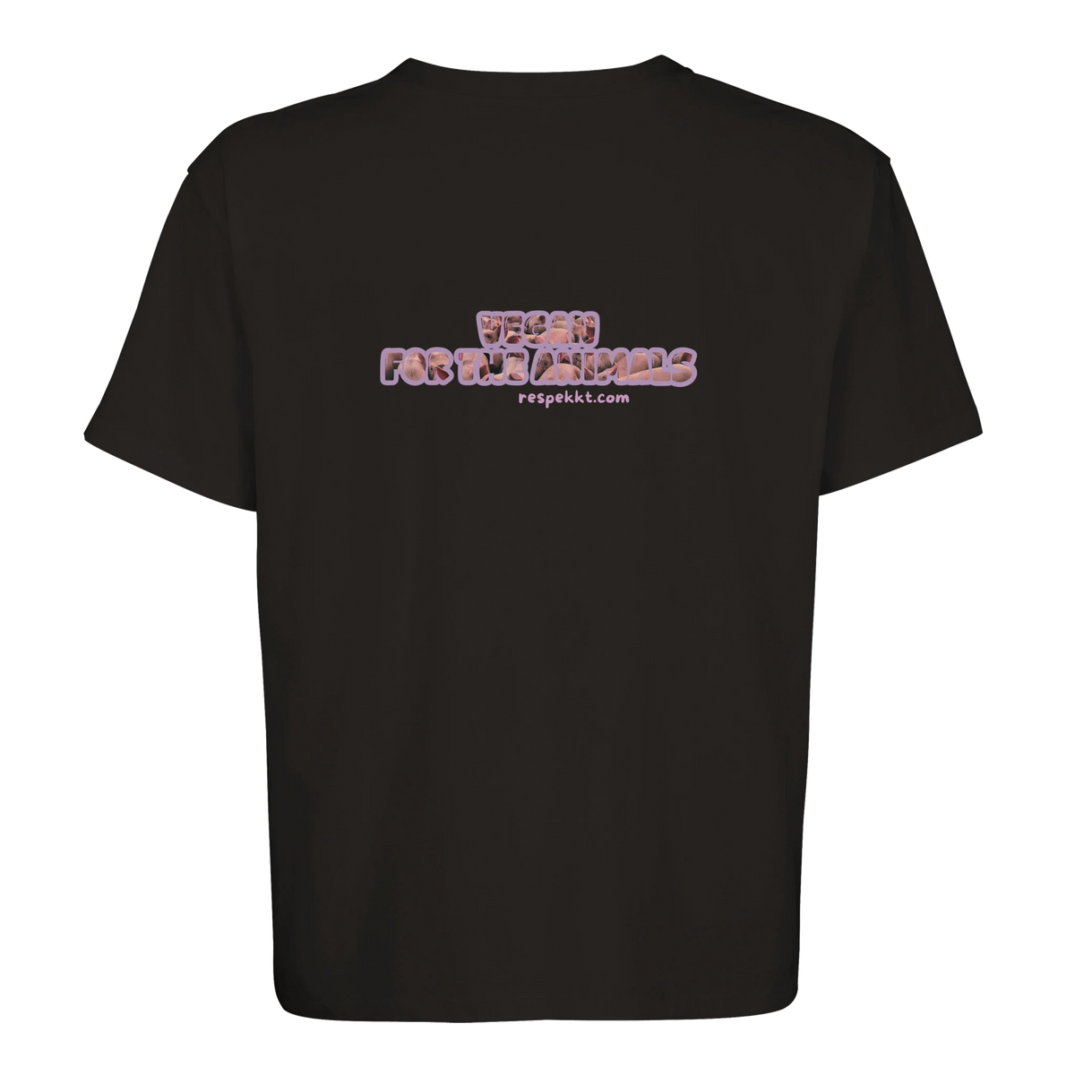 schwarzes, oversized T-Shirt mit dem Aufdruck von hinten: "VEGAN FOR THE ANIMALS." in pinker Schrift. Inhalt der Buchstaben sind Schweine.