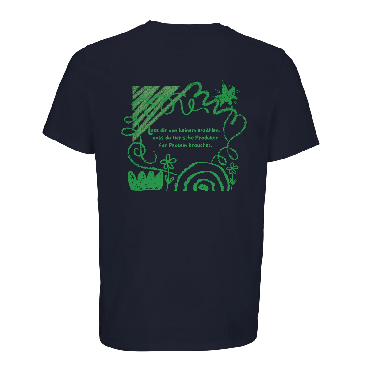 T-Shirt in der Farbe french navy. Aufdruck auf dem Rücken: "Lass dir von keinem erzählen, dass du tierische Produkte für Protein brauchst." Der Spruch ist umrahmt von Verzierungen in der Optik von Kritzeleinen mit Buntstiften in grüner Farbe.