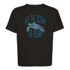 schwarzes, oversized T-Shirt mit einer blauen Meeresschildkröte und dem Aufdruck: "Safe the oceans, go vegan."