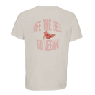 T-Shirt, Farbe Off White mit Druck auf der Rückseite: "Safe the bees, go vegan." und einem Bild von einer toten Biene