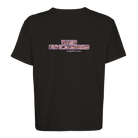 schwarzes, oversized T-Shirt mit dem Aufdruck von hinten: "VEGAN FOR THE ANIMALS." in pinker Schrift. Inhalt der Buchstaben sind Schweine.