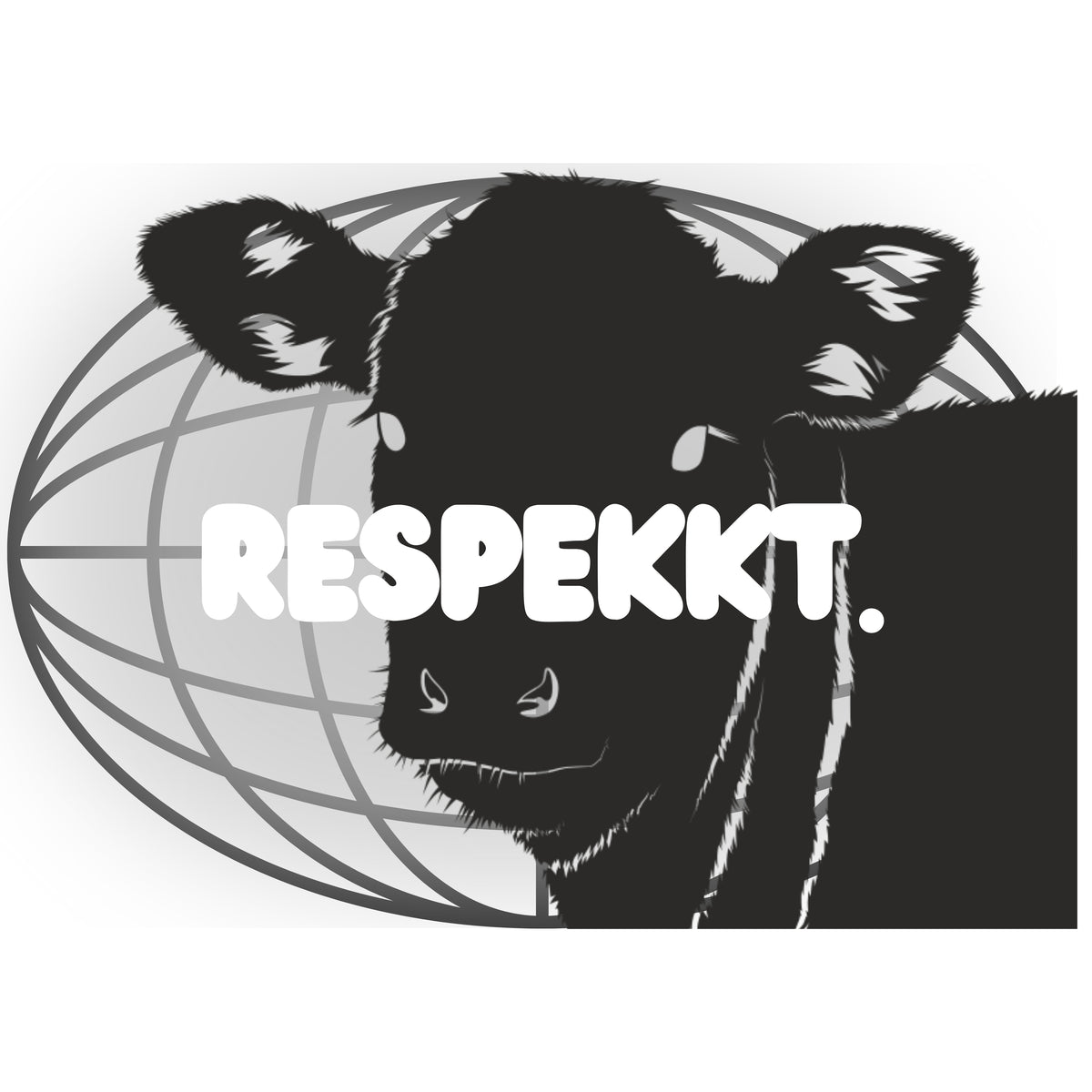 Logo der Marke Respekkt.: Eine schwarze Kuh, der Name der Marke, so wie eine grafische Weltkugel im Hintergrund.