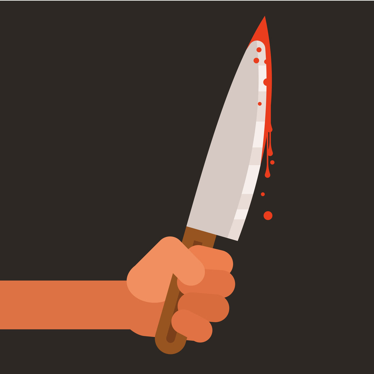 Grafik eines Messers in einer Hand, an dem stellvertretend für Blut rote Flüssigkeit klebt.